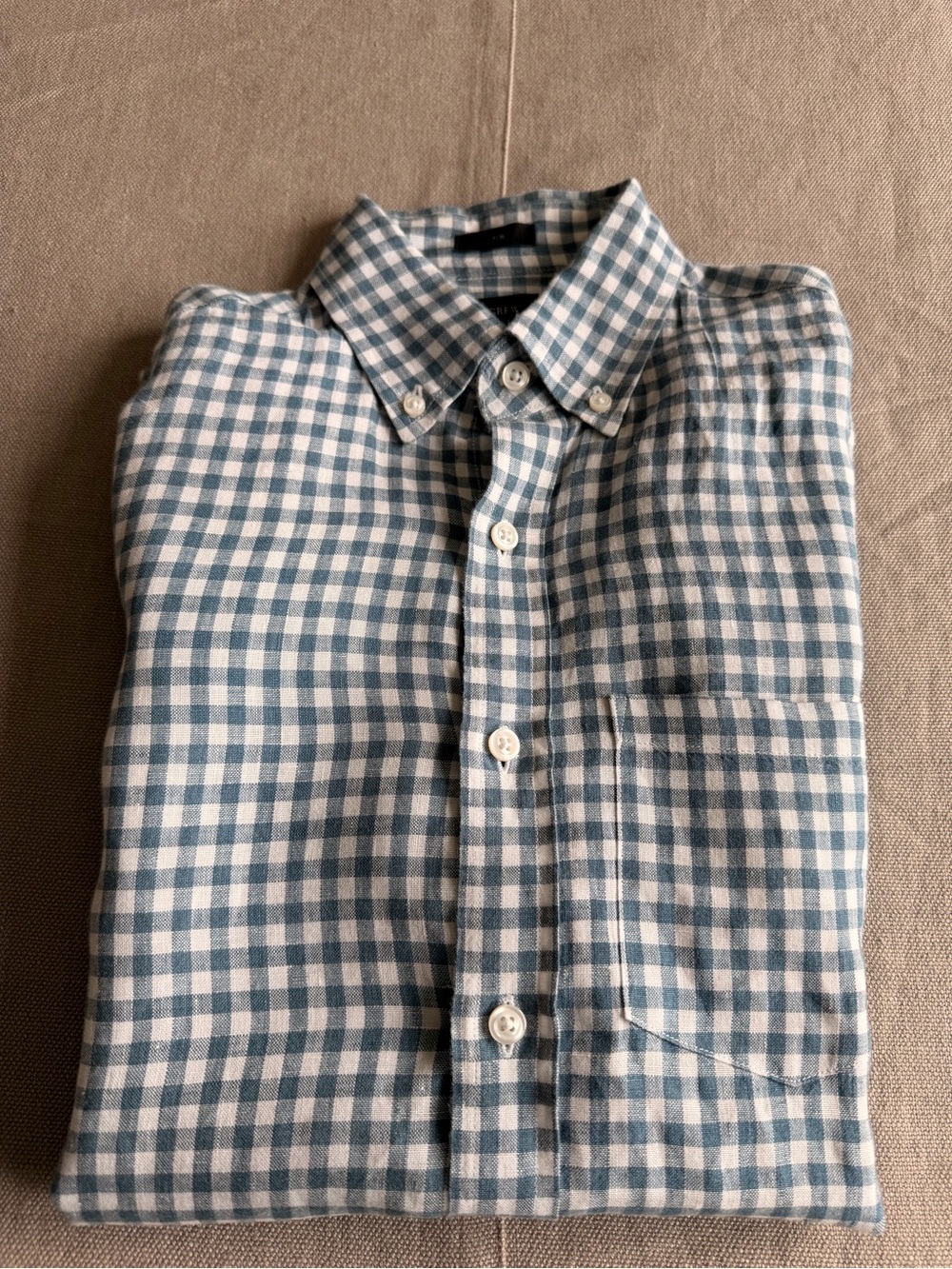 J. Crew x Baird McNutt Linen Blue and White Check Button-Down Shirt